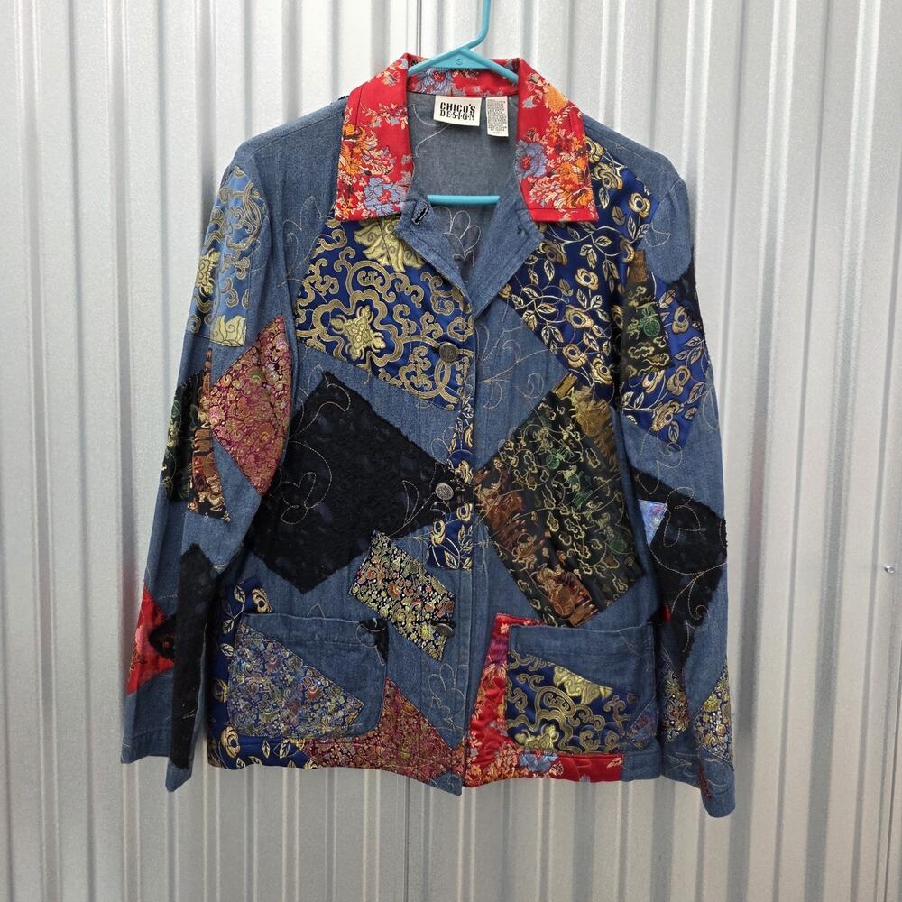Vintage 90s Chicos Size 1 Denim Jacket Blue Silk Patchwork Boho Indie US Medium